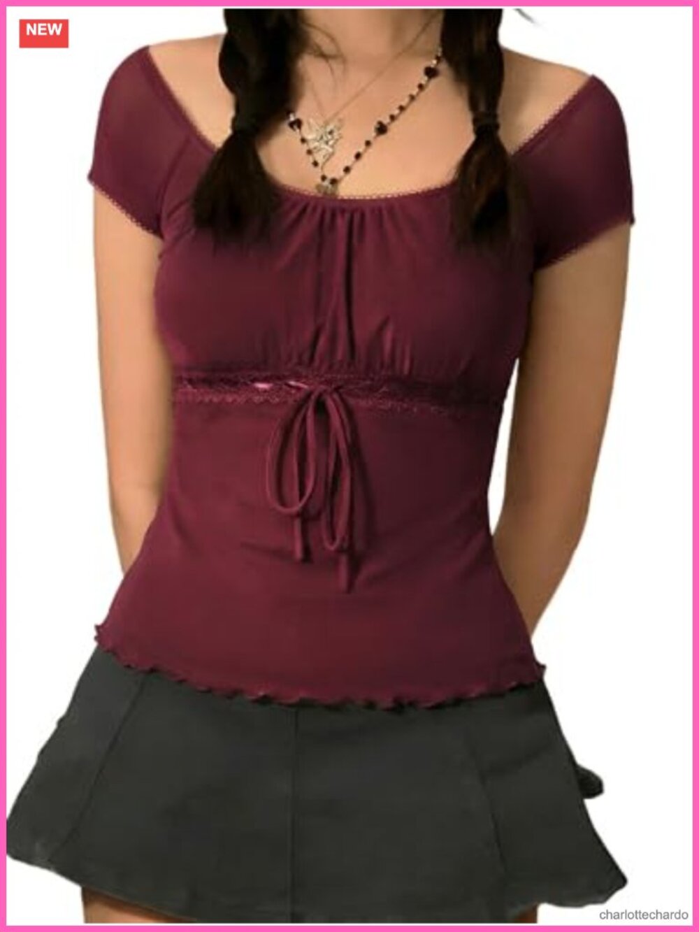 EMMIOL Mesh Babydoll Top Lace Trim Short Sleeve Y2K Coquette